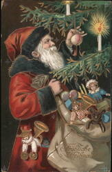 Santa Claus Decorating a Christmas Tree with Toys Postcard