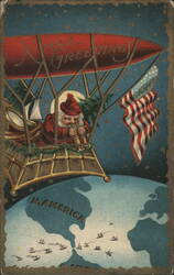 Santa in Airship over North America, Xmas Greetings Postcard