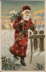 Merry Christmas - Santa Claus with Toy Bag and Walking Stick Postcard