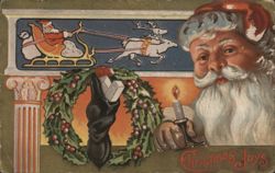 Christmas Joys Santa with Stocking, Candle, Sleigh & Reindeer Postcard