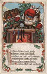 Christmas - Santa Claus at Fireplace with Stockings Postcard