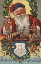 Santa Claus with Champagne and Cigar, Christmas Wishes Postcard