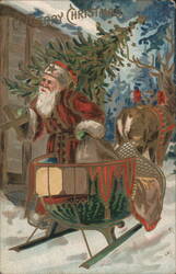 Santa Claus Delivering Christmas Tree by Sleigh Postcard