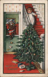 Almost Caught - Santa Claus with Child and Christmas Tree Postcard