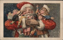 Santa Claus with Dolls, Christmas Wishes Postcard