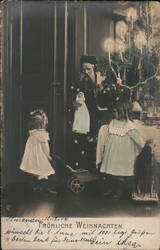 Christmas - Man with Bearded Doll and Two Girls Postcard