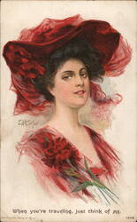 Woman with Red Hat and Carnations Postcard