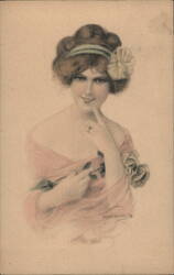 Woman in Pink Dress with Rose Postcard