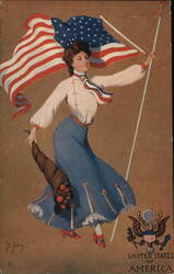 Patriotic Woman with US Flag and Cornucopia Postcard