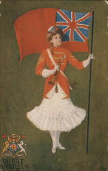 Young Girl in Red Military Uniform with Union Jack Flag Postcard