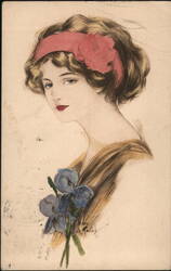 Woman with Blue Irises and Pink Headband Postcard