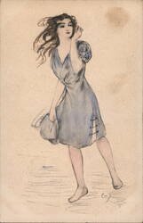 Woman in Blue Dress on Beach Postcard