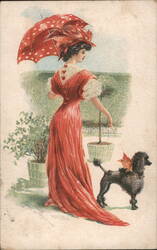 Woman in Red Dress with Parasol and Black Poodle Postcard