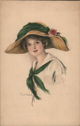 Woman with Large Hat and Green Scarf Postcard