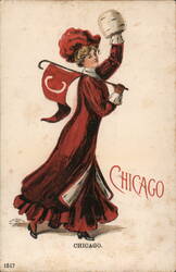 Chicago Woman in Red with Pennant and Muff Postcard