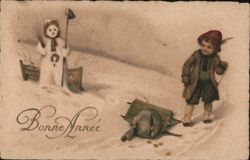 Child with Snowman, Sled and Coins, Bonne Année Postcard