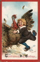 Thanksgiving Greetings - Boy Grabbing Turkey Postcard