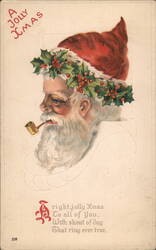 A Jolly Xmas Santa Claus Head with Holly Crown and Pipe Postcard