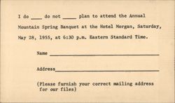 Mountain Spring Banquet RSVP, Hotel Morgan, May 28, 1955 Postcard