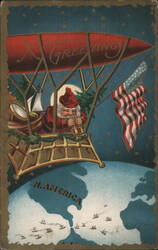 Santa in Dirigible over North America, Xmas Greetings Postcard