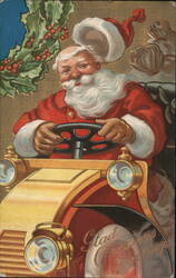 Santa Claus Driving Antique Car Postcard