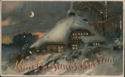 Kind Christmas Greeting - Snowy Cottage at Night Postcard