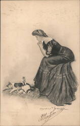 Woman with Kittens, Artist Signed "Albertype" Postcard