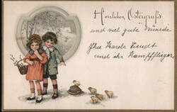 Easter Greetings - Children with Chicks Postcard