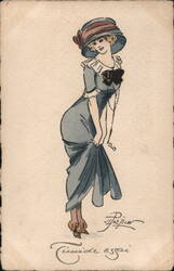 Stylish Woman in Blue Dress and Hat Postcard