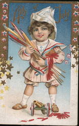 Fourth of July Boy with Fireworks and Cannon Postcard