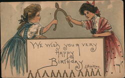 Two Girls with Wishbone, Happy Birthday Postcard