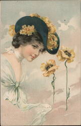 Woman with Blue Hat and Yellow Flowers Postcard