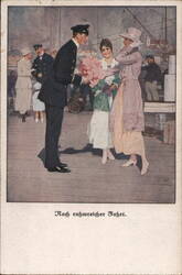 After a peaceful journey - Couple with flowers on pier Postcard