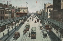 New York City Elevated Train and Street Scene Postcard