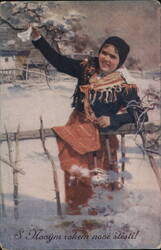 Czech Girl in Traditional Dress, Winter Scene Postcard