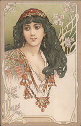 Woman with Long Dark Hair and Ornate Jewelry Postcard