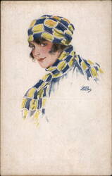 Woman in Yellow and Blue Checkered Scarf and Headscarf Postcard