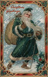 Christmas Greetings - Santa Claus in Green Suit Postcard