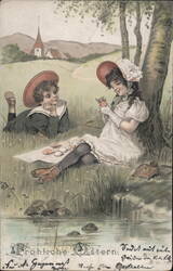 Children Having a Picnic by a Stream Postcard