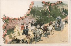 Horse-Drawn Carriages Decorated with Flowers Postcard