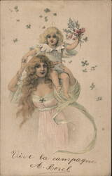 Woman with Child on Shoulders, Vive la Campagne Postcard