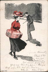 Comic Postcard - Woman Carrying Hat Boxes, Man with Cane Postcard