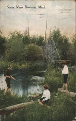 Three Children Fishing Near Bronson, Michigan Postcard