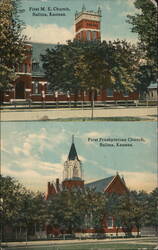 First M. E. and First Presbyterian Churches, Salina, KS Postcard