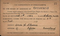 Poll Tax Exemption Request, Groveland MA, 1943 Postcard