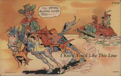 Cowboy on Horse Pulled by Car Postcard