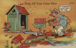 Drop All Your Cares Here - Outhouse Humor Postcard