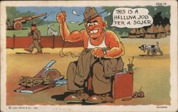 WWII Soldier Mending Pants, "Helluva Job" Postcard