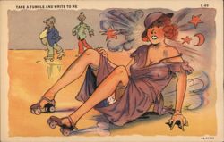 Take a Tumble and Write to Me - Woman Falling on Roller Skates Postcard