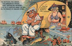 Camping Couple, He's Fishing, She's Cooking, Comic Postcard